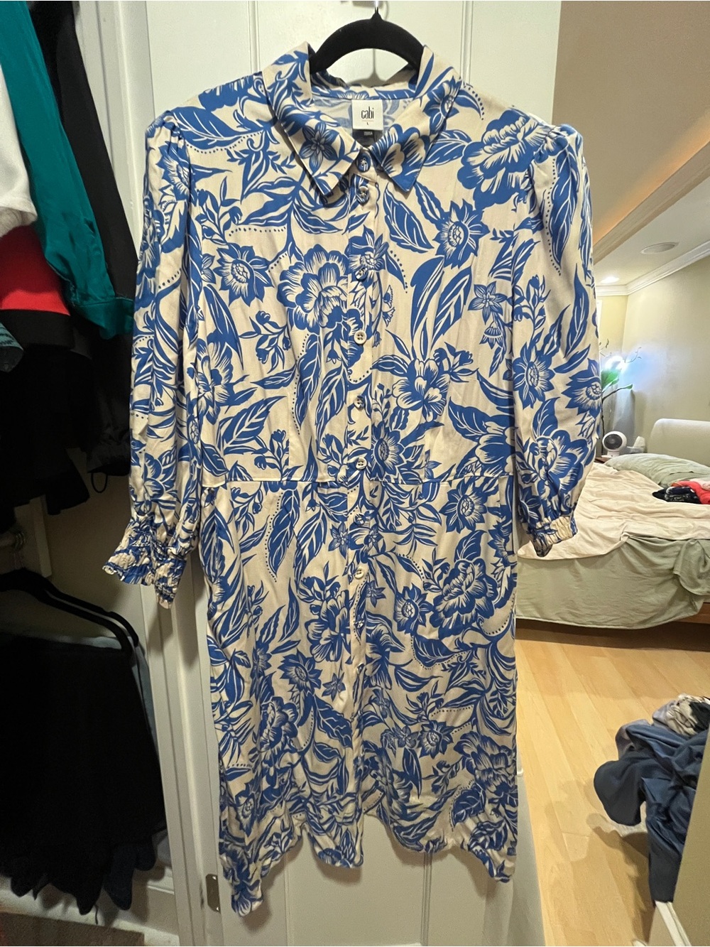 Cabi Floral Button-Front Blue & Cream Shirt Dress